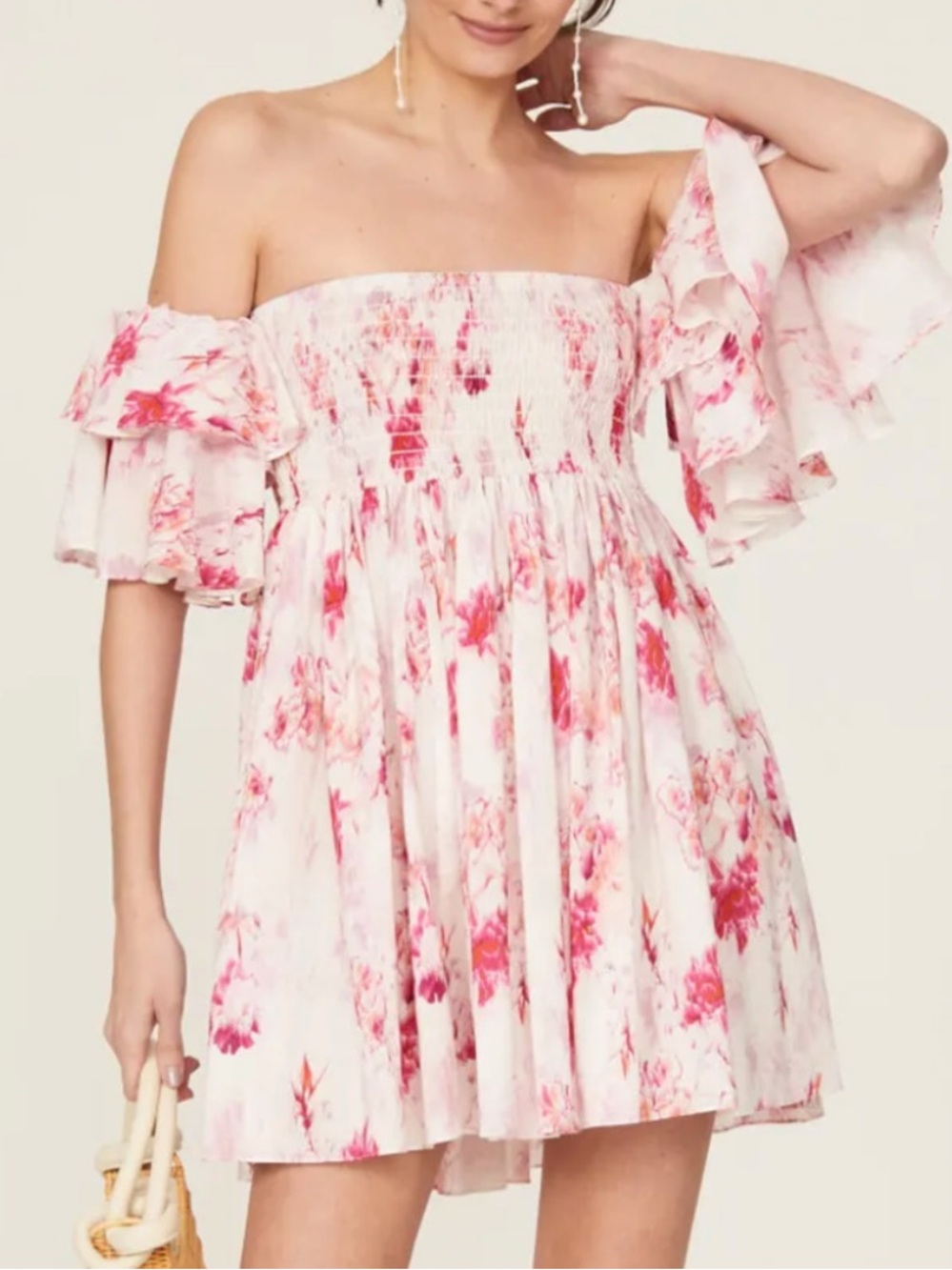 MISA LOS ANGELES Floral Mini Off Shoulder Smocked Babydoll Dress